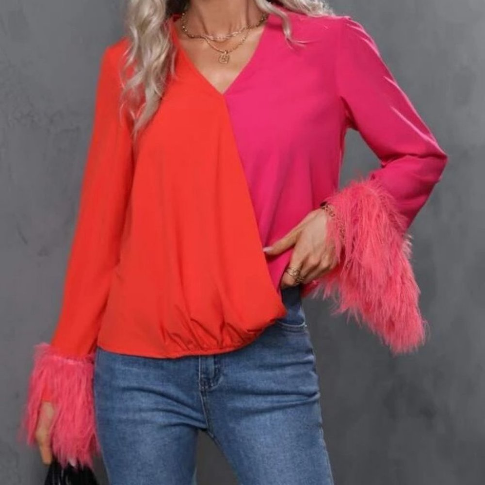 top trends colorblock blouse with faux furry fuzzy cuffs - Picture 4 of 9